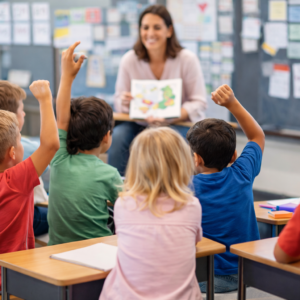 Lærer holder en billedbog op for elever der rækker hænderne i vejret