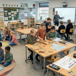 Et klasselokale hvor elever sidder i grupper og arbejder med forskellige aktiviteter